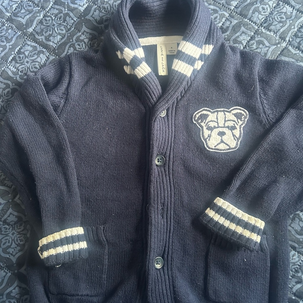 Janie&Jack shawl neck bulldog sweater blue&white boys 4t good condition